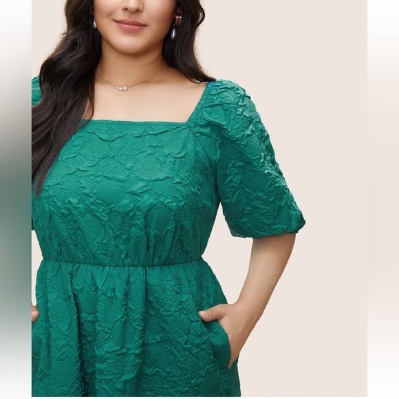 BloomChic Plus Size Plisse Patchwork Flutter Hem Square Neck Dress - Picture 3 of 7